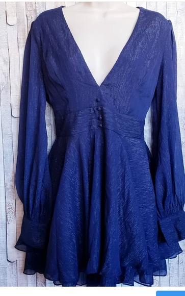 Fashion Nova navy metallic long sleeved romper (shorts) - Picture 3 of 7